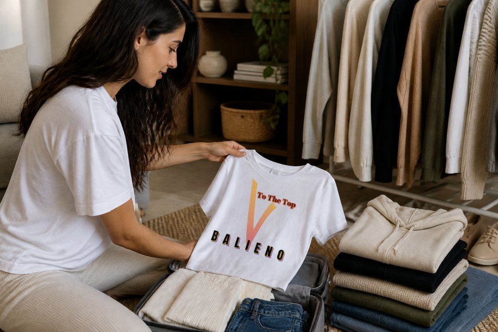 Neatly organized closet or flat lay displaying essential basics in neutral colors, organic cotton t-shirts, quality hoodies, simple sweaters, and neutral pants arranged to show versatility and how pieces mix and match across different outfits