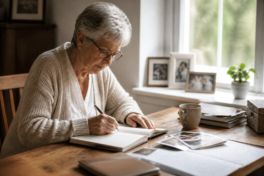 An older adult thoughtfully writing a legacy letter near family photos, inspired by ethical will examples.