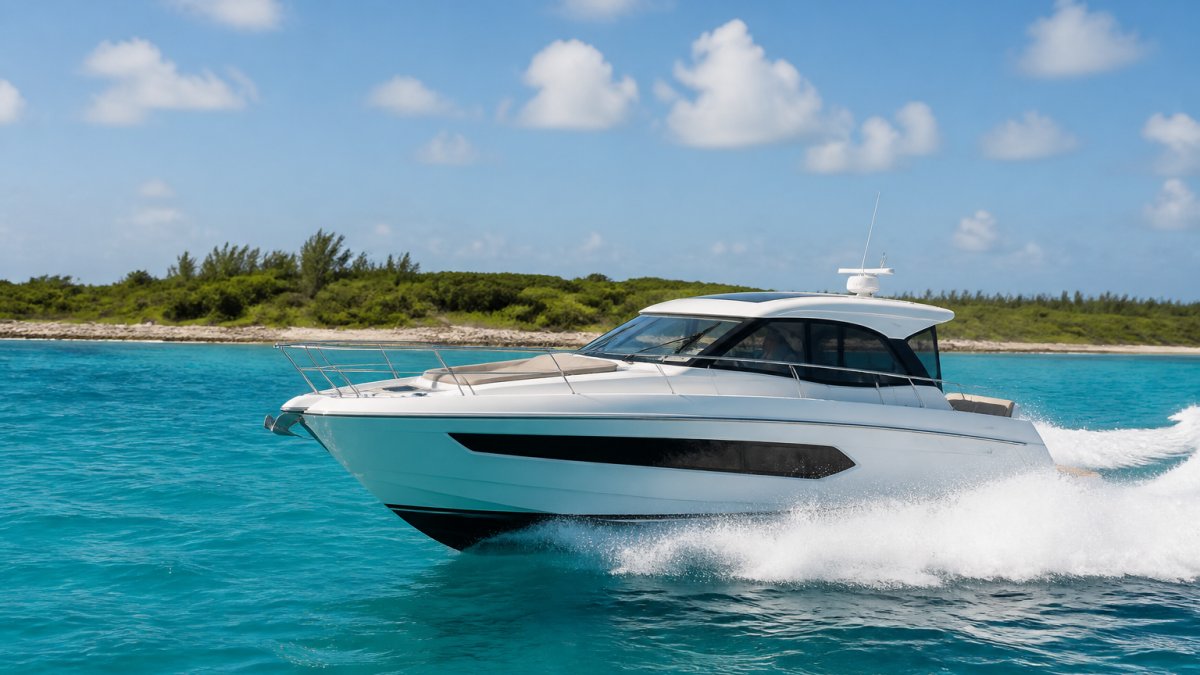Sleek express cruiser with a deep-V hull cutting through turquoise water near a tropical island
