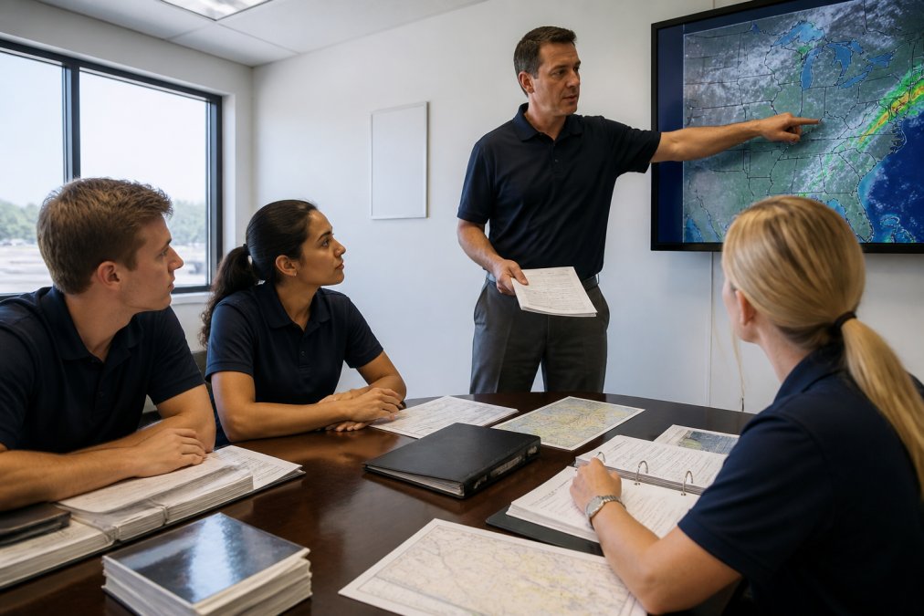 Aviation students review flight planning with an instructor at one of the top FAA approved dispatcher schools.