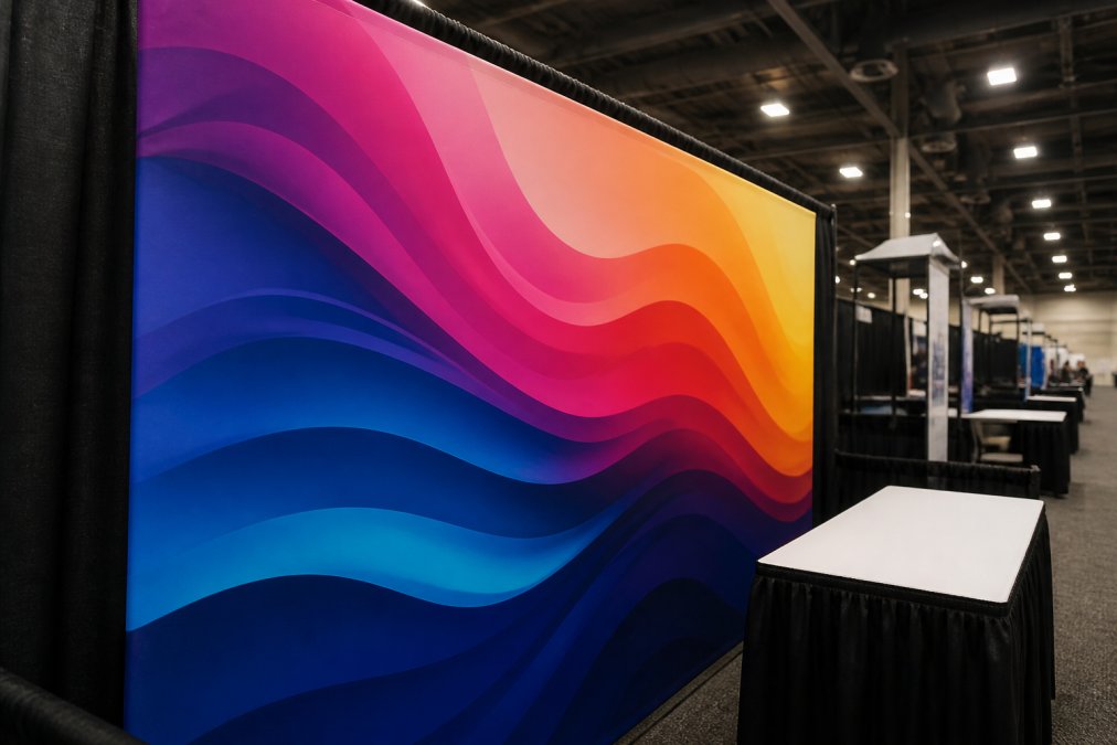 Infographic comparing 100% polyester to the 5 best fabric materials for exhibition backdrops via color and finish.