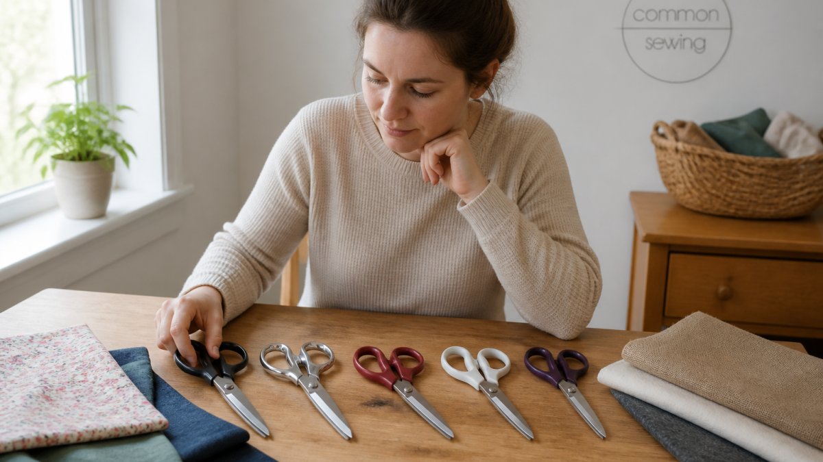 Beginner sewist sitting at a wooden sewing table, carefully comparing five different fabric scissors next to fabric swatches in various weights, natural window lighting