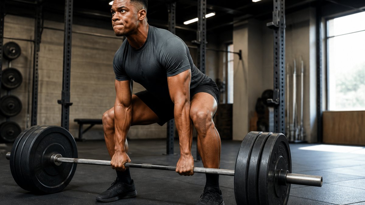Athlete in polyester training gear performing intense weightlifting movement, showing fabric stretch and fit during exertion under bright gym lighting