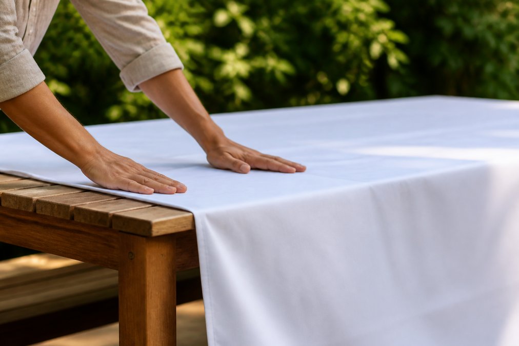Close-up of hands smoothing a crisp white polyester poplin tablecloth across a wooden outdoor table, garden greenery blurred in the background, soft afternoon light
