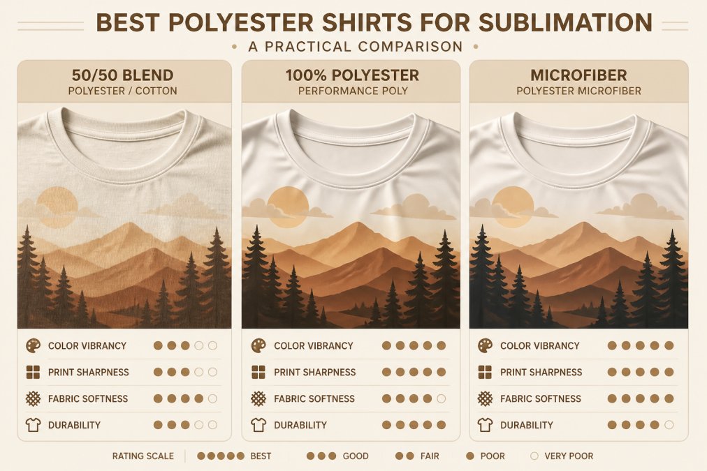 Comparison chart showing sublimation print quality on 50/50 blend, 100% polyester, and microfiber fabric samples.