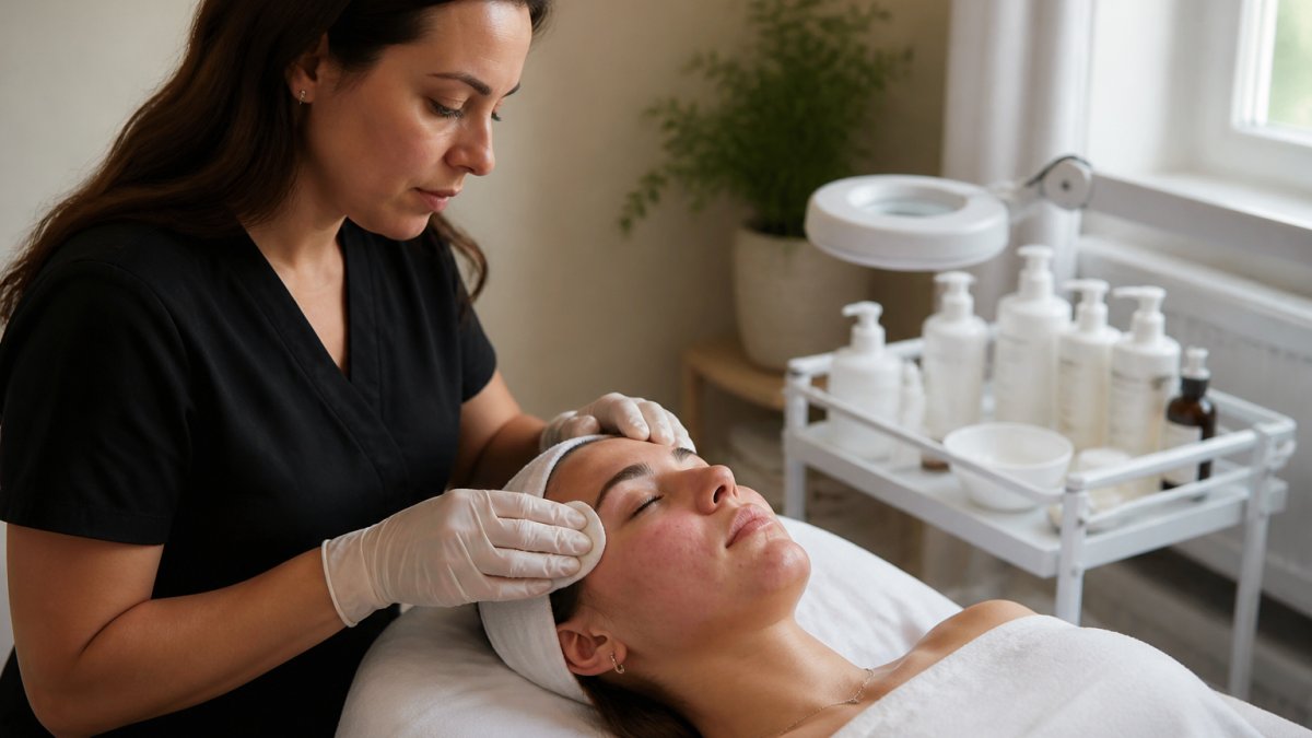 Esthetician performing a professional facial on a client in a modern spa treatment room