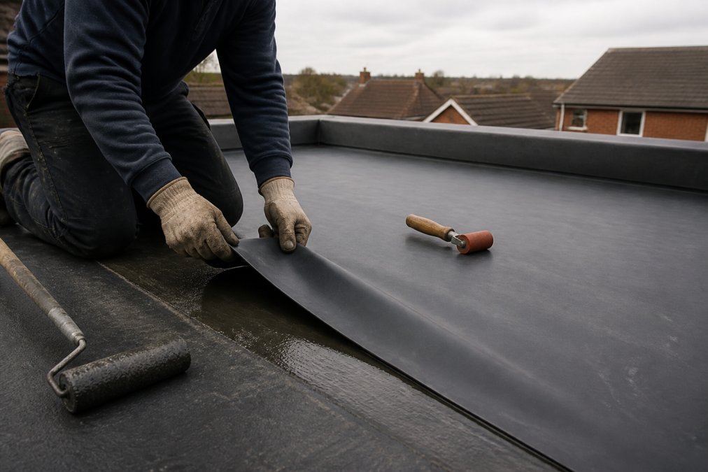 Close-up of a roofer in work gloves installing a large sheet of EPDM rubber membrane on a flat residential roof, adhesive and roller visible, overcast daylight