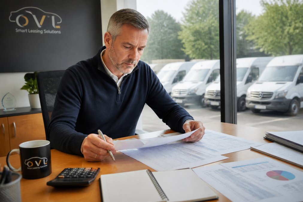 Fleet manager reviewing vehicle documentation and cost analysis spreadsheets at a desk in a bright office, with multiple vans visible through the window in the background