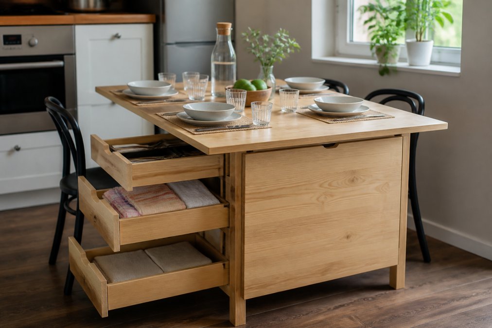 A small kitchen with the IKEA NORDEN table fully extended, place settings arranged on the surface, drop leaves raised, and storage drawers pulled open showing organized linens and napkins, natural daylight from a window