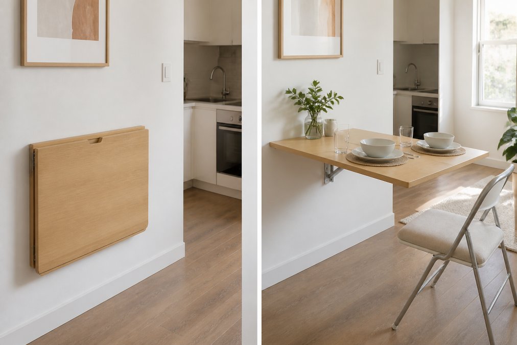 A compact studio apartment interior showing the Haotian wall-mounted table folded flat against a white wall in one view, then another view showing it extended horizontally with place settings and a chair pulled up, natural light streaming through a nearby window
