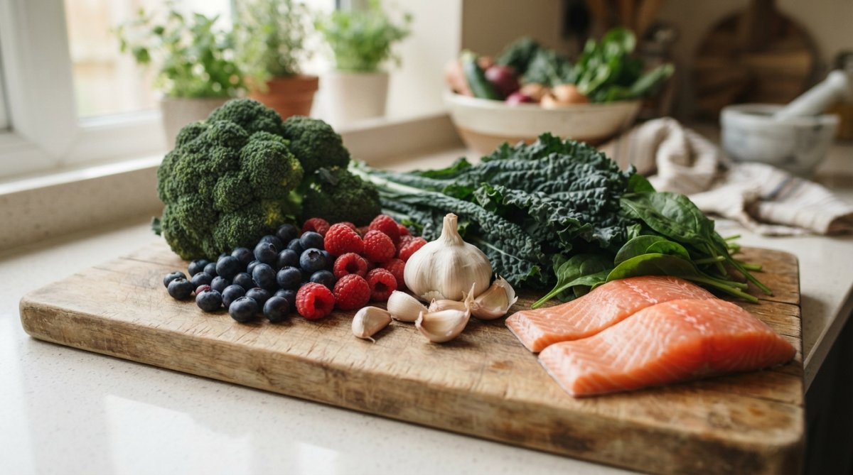 Colorful array of fresh liver-supportive foods including broccoli, berries, garlic, leafy greens, and fatty fish arranged on a wooden cutting board in natural morning light