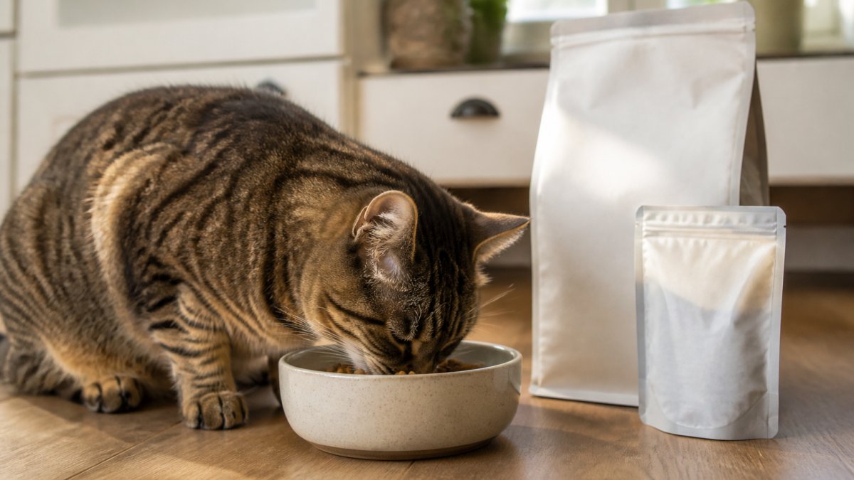 An elderly tabby cat eating from a ceramic bowl on a kitchen floor next to bags of pet food in morning light.