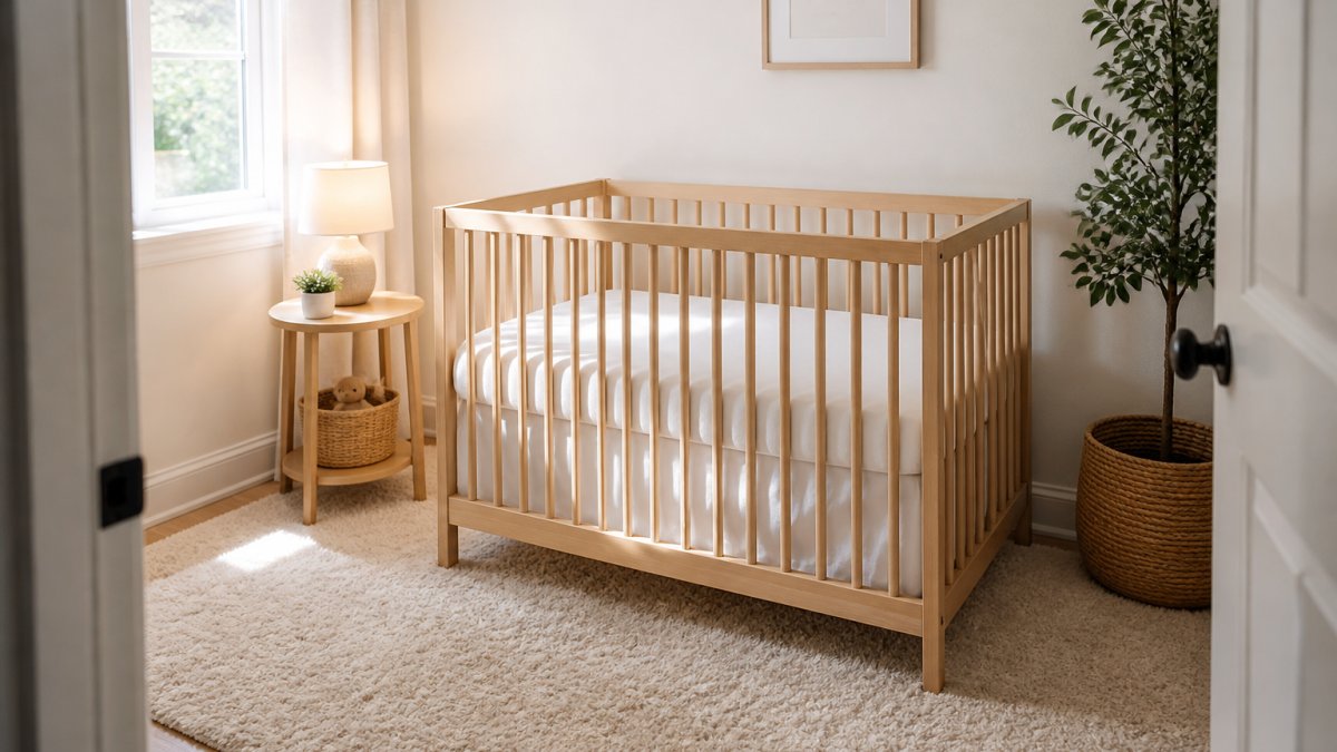 A bright, sunlit nursery with a wooden full size crib dressed in white bedding, a soft rug, and a small side table with a lamp, shot from the doorway