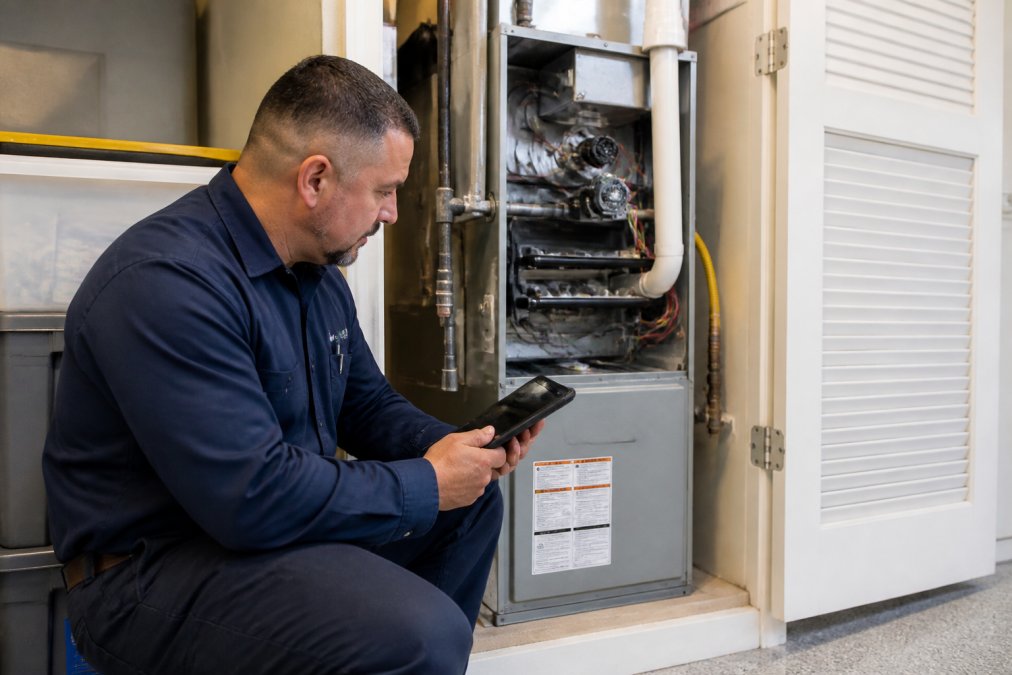 A professional HVAC technician in uniform inspecting a residential gas furnace in a clean garage utility closet, holding a tablet with diagnostic readings visible