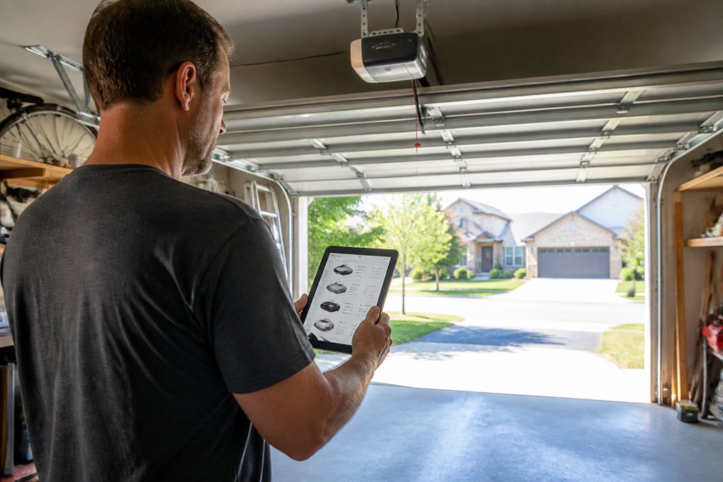 Homeowner in a suburban garage holding a tablet showing a garage door opener comparison list, sectional garage door open behind them, daylight streaming through open garage door