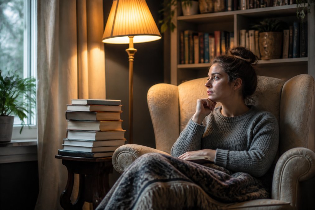 Person sitting in a cozy reading nook with a stack of unread books, looking contemplative, with warm lamplight casting gentle shadows across a comfortable armchair
