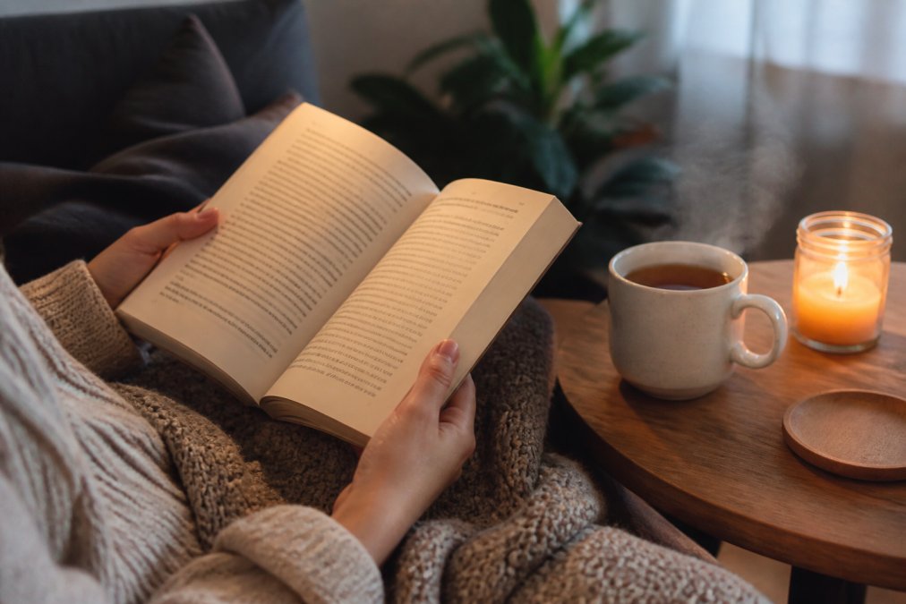 Hands holding an open book with a warm blanket nearby, cup of tea steaming on a wooden side table, and a lit candle creating soft ambient lighting in an inviting reading environment