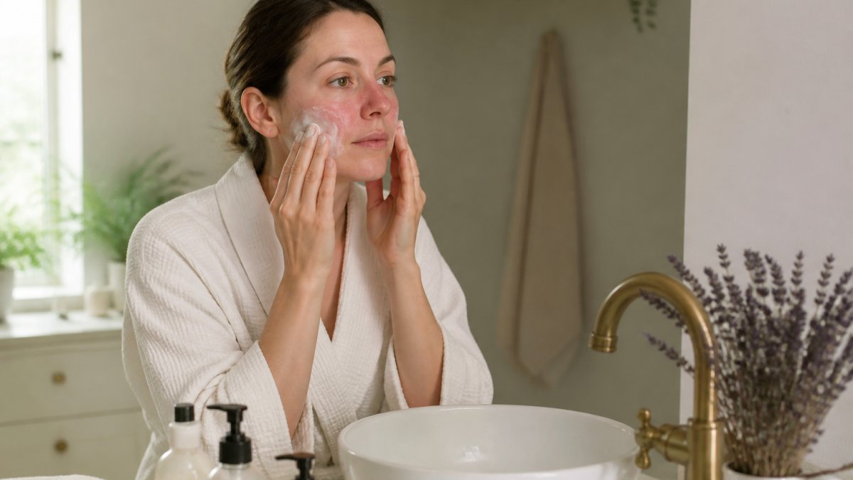 A woman with rosacea-prone skin gently applying a cream cleanser to her face at a bathroom sink, soft natural light, calm and serene atmosphere