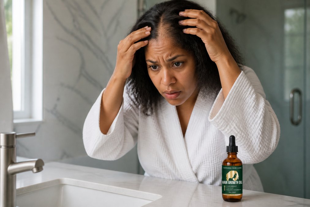 Woman examining her hair in mirror with concerned expression, natural bathroom lighting, showing thinning at roots