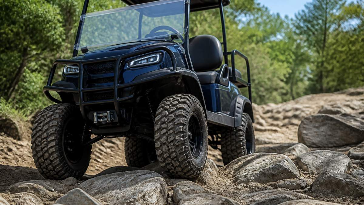 A lifted golf cart with aggressive all-terrain tires navigating rocky, uneven terrain with visible deep tread gripping the surface and substantial ground clearance