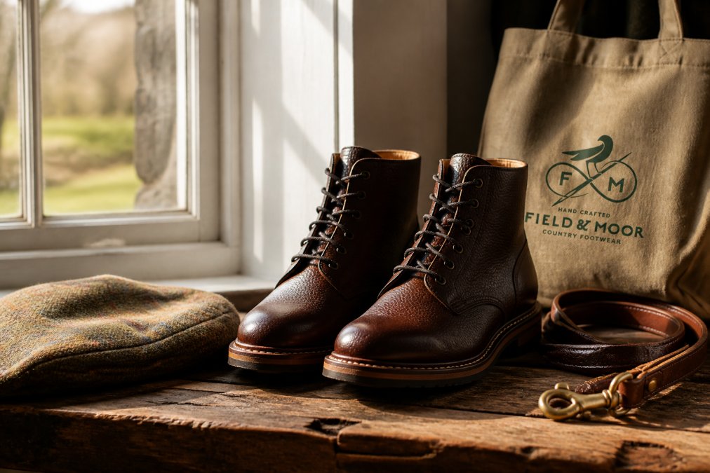 A pair of brown leather Goodyear welted country boots standing on a rustic wooden bench beside a tweed flat cap and a leather dog lead, with soft natural light from a window