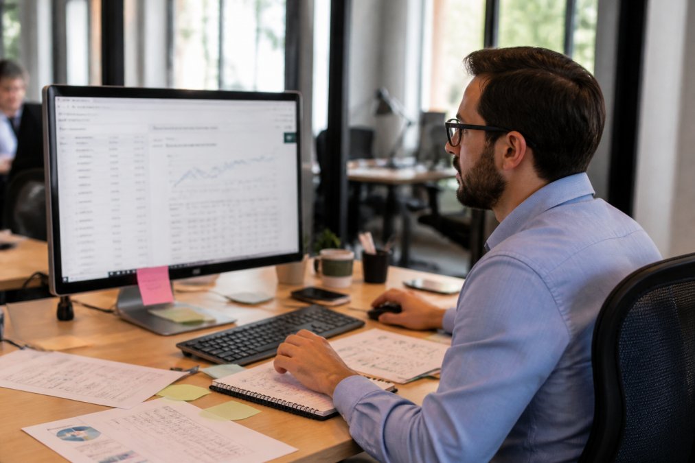 Marketing professional analyzing Google Ads campaign performance metrics on a desktop monitor in a bright modern office, with conversion data and strategy notes visible on desk