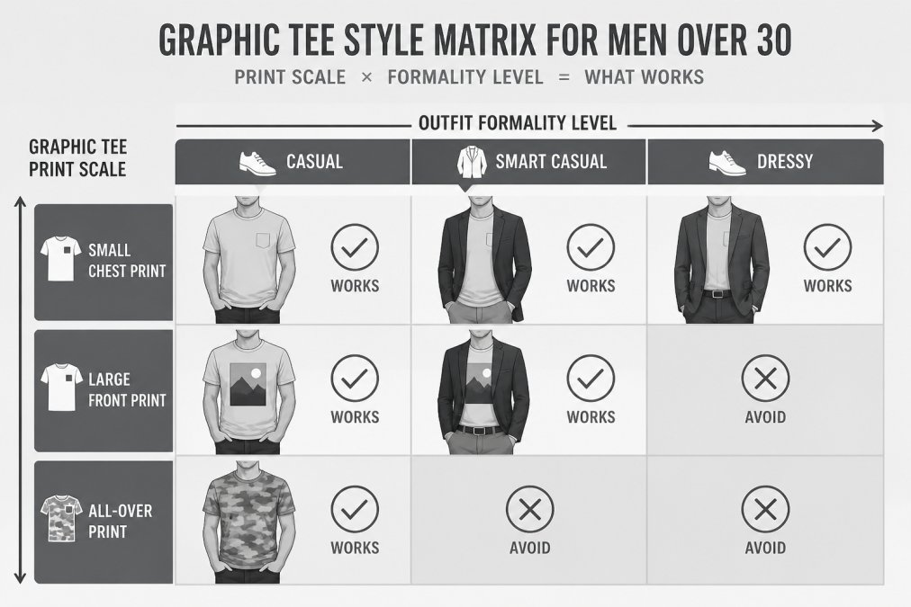 Matrix chart comparing graphic tee print scale against outfit formality levels for men’s styling.