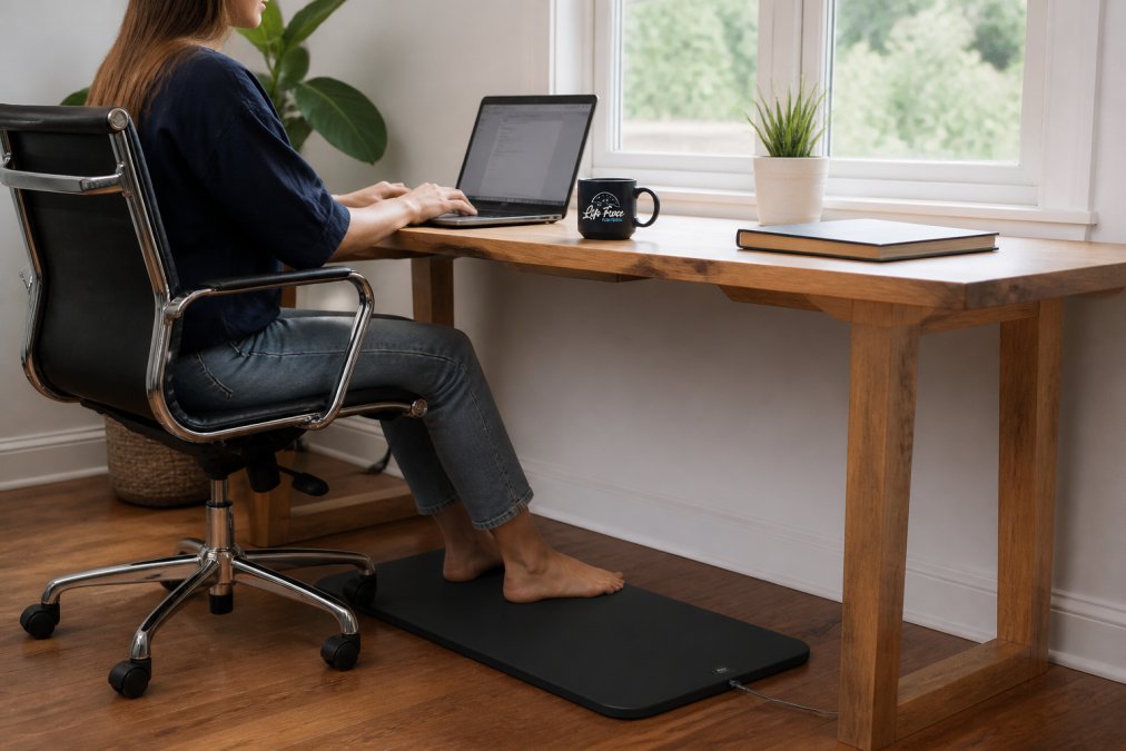 Person working at a home office desk with bare feet resting on a conductive grounding mat on the floor