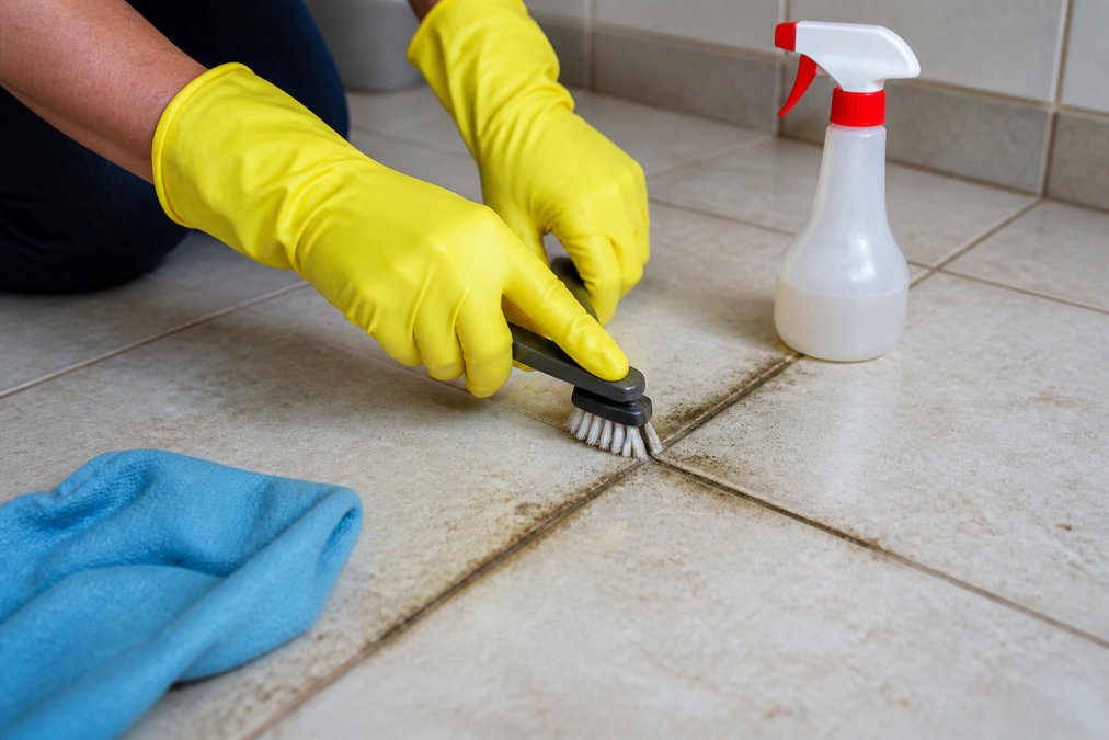 Close-up of a person wearing yellow rubber gloves scrubbing a heavily stained grout line on a tiled floor with a stiff-bristled brush and a spray bottle nearby, bright bathroom lighting