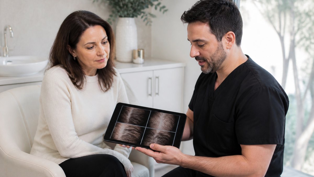 A woman in her 40s sitting in a bright, modern consultation room with a hair restoration specialist, both looking at scalp imaging results on a tablet screen, warm clinic environment with natural light