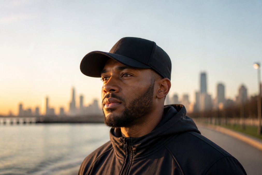 A person in recovery wearing a structured black cap, standing outdoors in soft morning light, looking forward with a calm, determined expression. The hat is the clear focal point, showing the clean silhouette and premium fabric texture