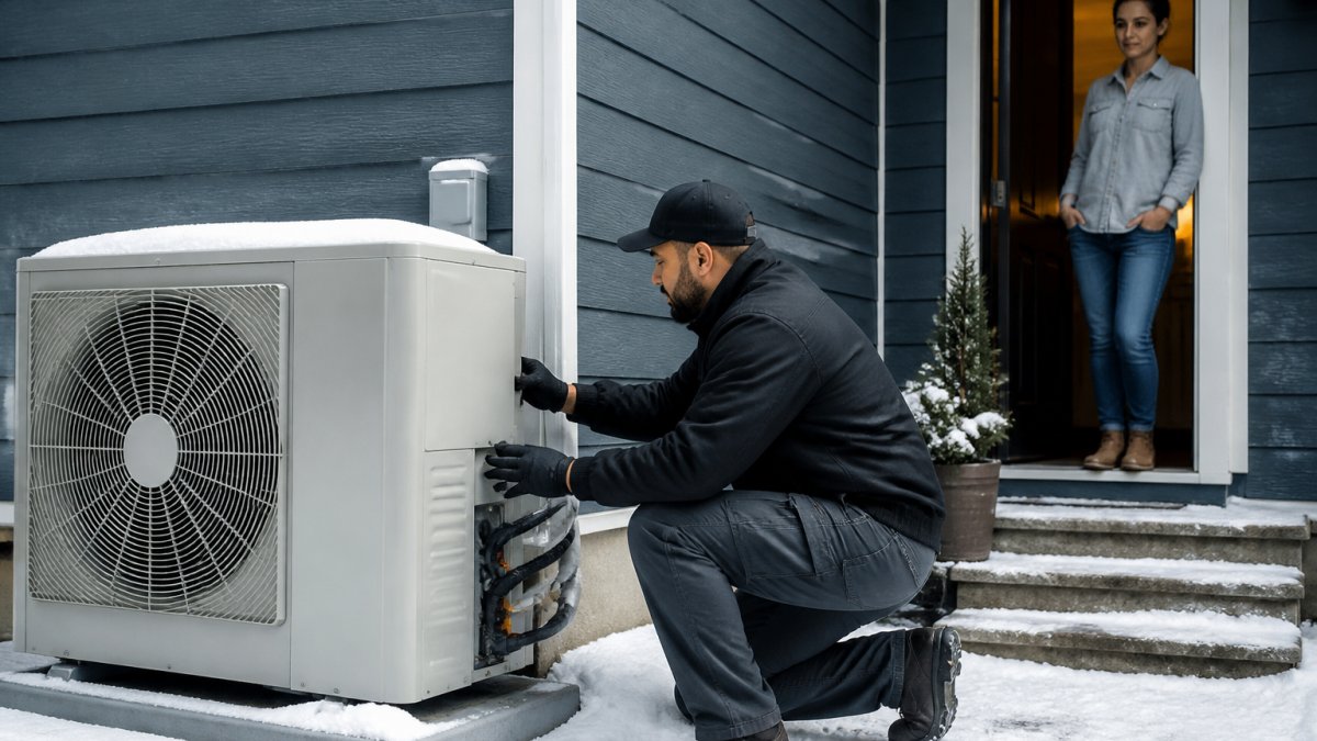 A technician in a branded uniform inspecting an outdoor heat pump unit beside a snow-dusted North Jersey home in winter, homeowner watching from the doorway