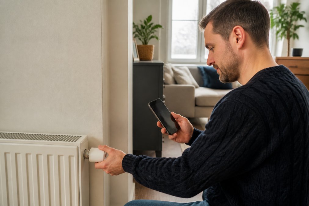 A homeowner adjusting a smart radiator valve on a hallway radiator in a bright modern living room, smartphone in the other hand showing a temperature zoning app, soft winter daylight through the window