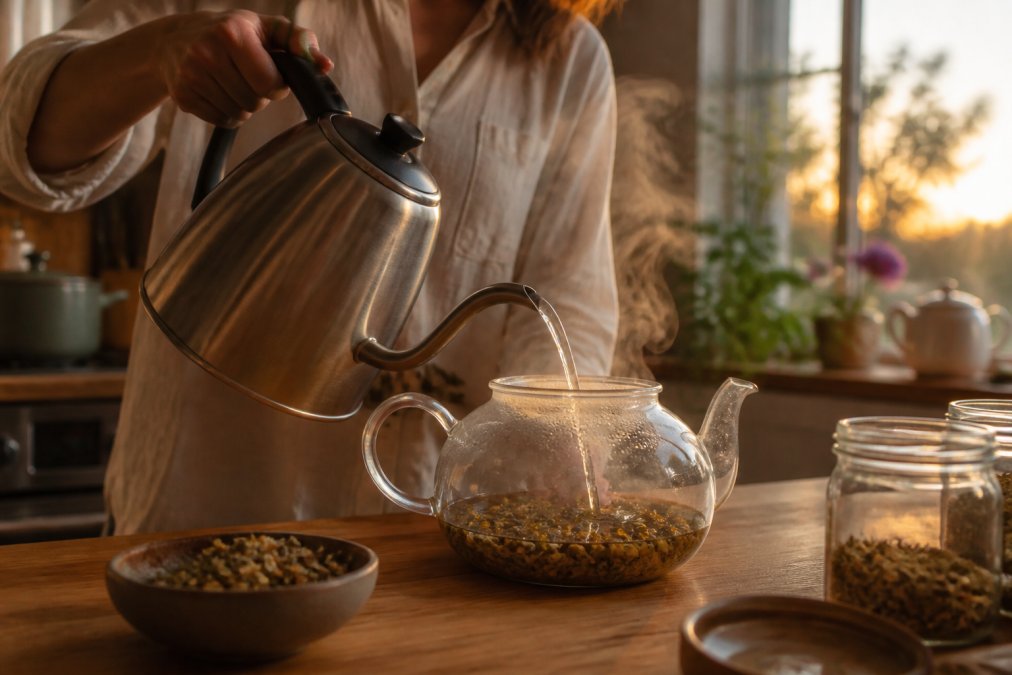 Pouring hot water into a glass teapot filled with chamomile flowers on a wooden kitchen counter at sunset