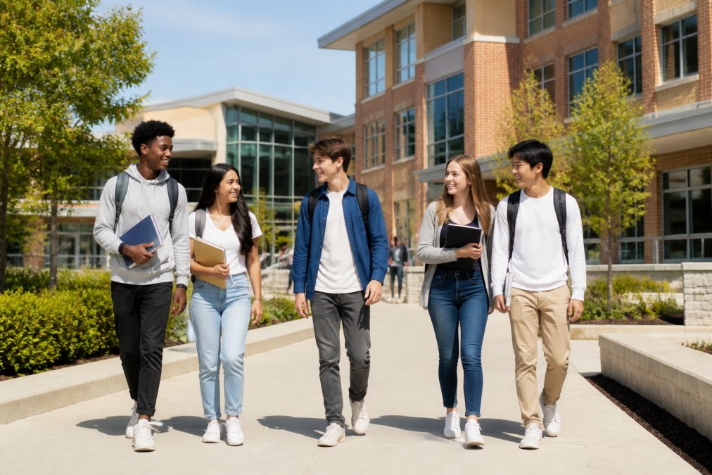 Diverse group of students walking across modern high school campus with brick buildings, manicured landscaping, and natural outdoor gathering spaces on a sunny day