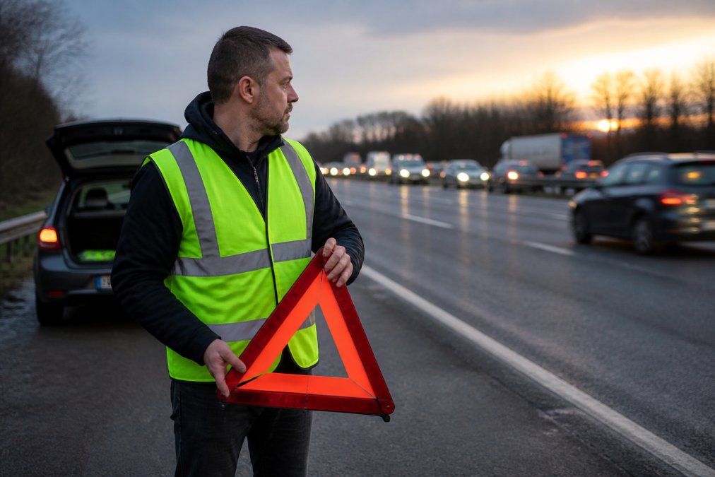 5 Best High Visibility Vests for Roadside Emergencies Driver wearing a high visibility vest holding a warning triangle on a motorway at dusk near a broken-down car
