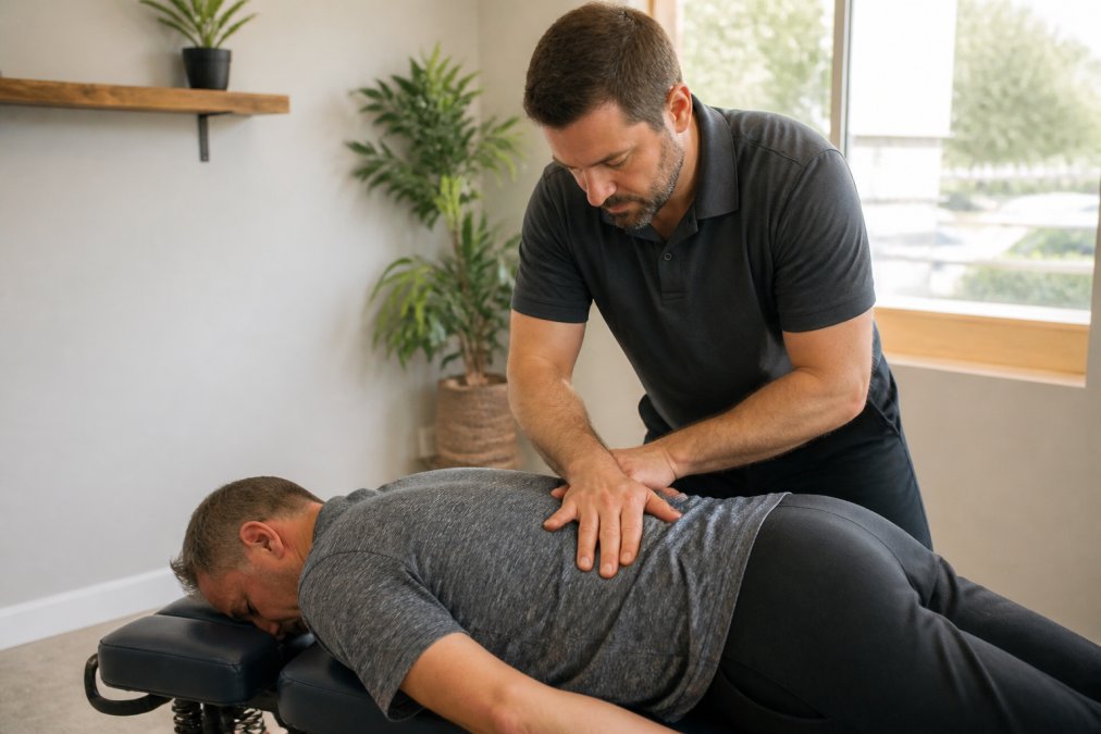 A chiropractor performing a gentle spinal adjustment on a middle-aged patient in a bright, modern clinic, with the patient looking relaxed and comfortable