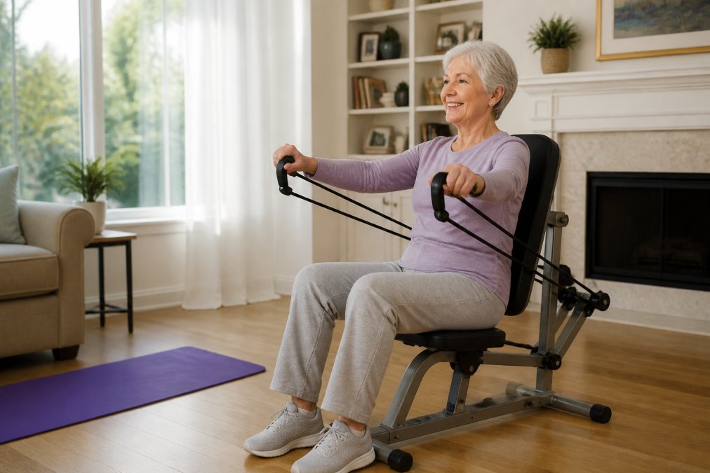 A smiling senior woman in her 70s using a resistance band machine in a bright, tidy home living room, with a yoga mat nearby