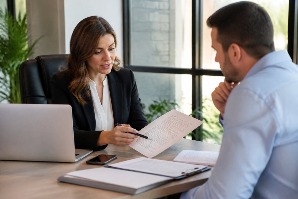 Professional insurance agent at desk with laptop, phone, and policy documents, helping a client during a consultation in a bright office setting with natural light from windows