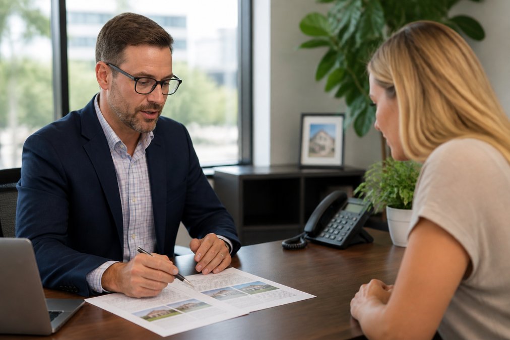 Professional insurance agent at desk with laptop, phone, and policy documents, consulting with a homeowner client in a bright, modern office with natural lighting