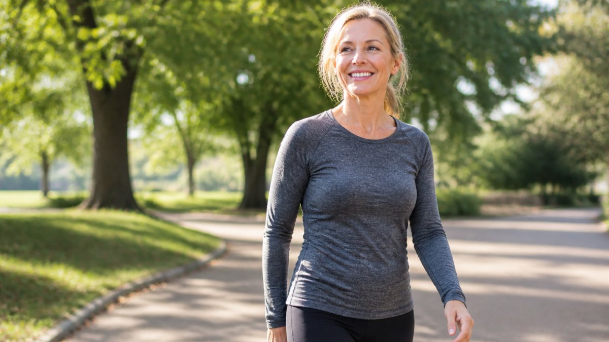 A woman in her 40s smiling with renewed energy while walking outdoors in a park, sunlight on her face, wearing casual athletic wear, looking vibrant and healthy