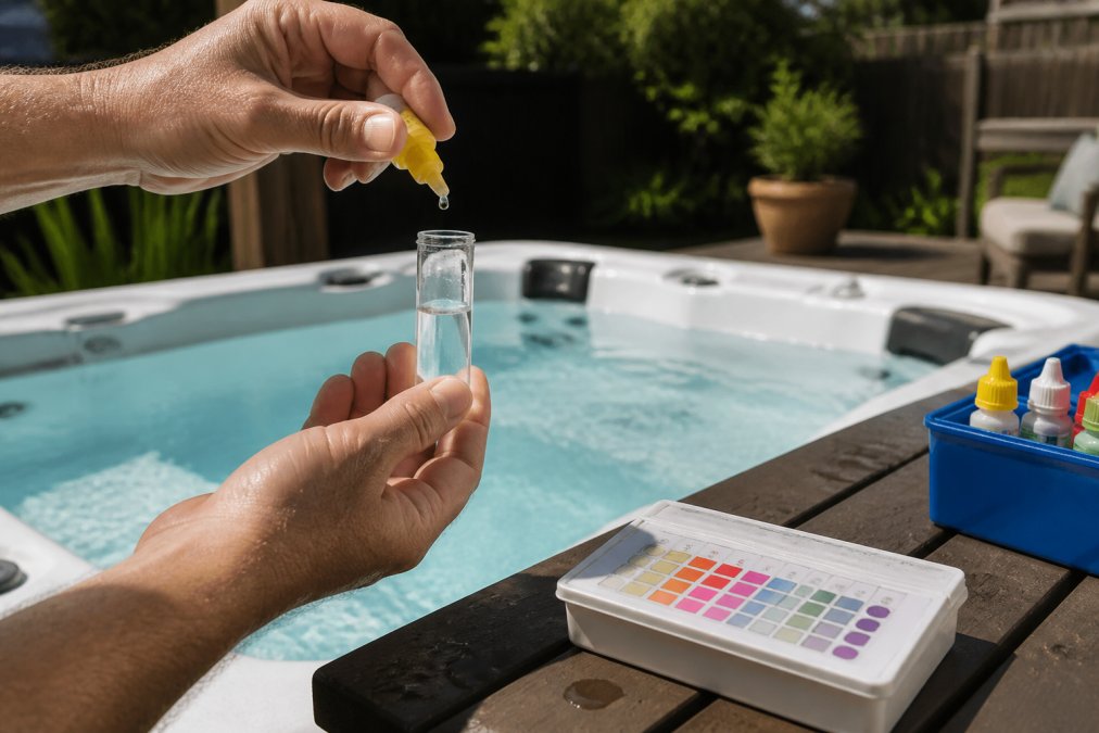 Adding reagent drops to a test vial during hot tub water testing using a color chart for accurate results