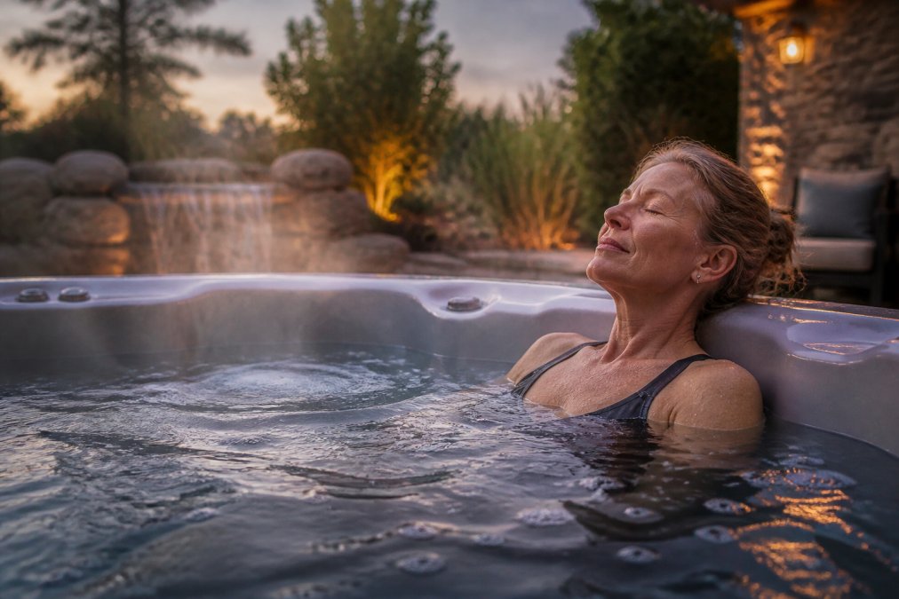 A person relaxing in a hot tub with eyes closed, steam rising from the water, surrounded by a calm backyard setting with soft evening lighting