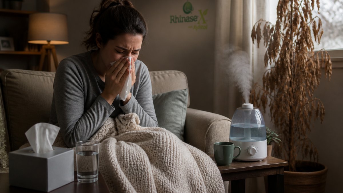 Infographic showing the impact of low indoor humidity on nasal health and environmental factors causing dryness
