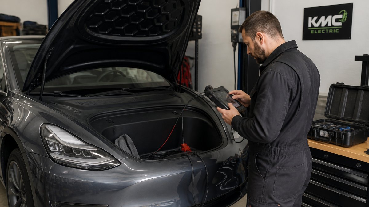 Technician using diagnostic equipment on an electric vehicle in a professional workshop