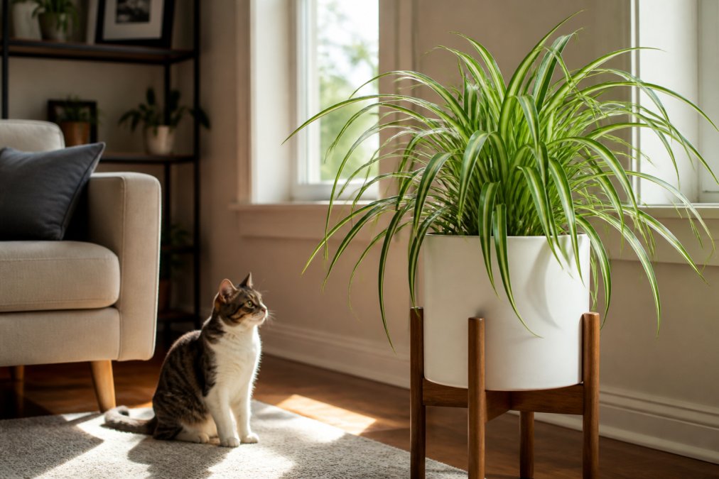 5 Best Indoor Pet Friendly Plants for Apartments 2 A bright apartment living room with a spider plant in a white ceramic pot on a wooden stand, a cat sitting nearby on a rug, sunlight streaming through a window