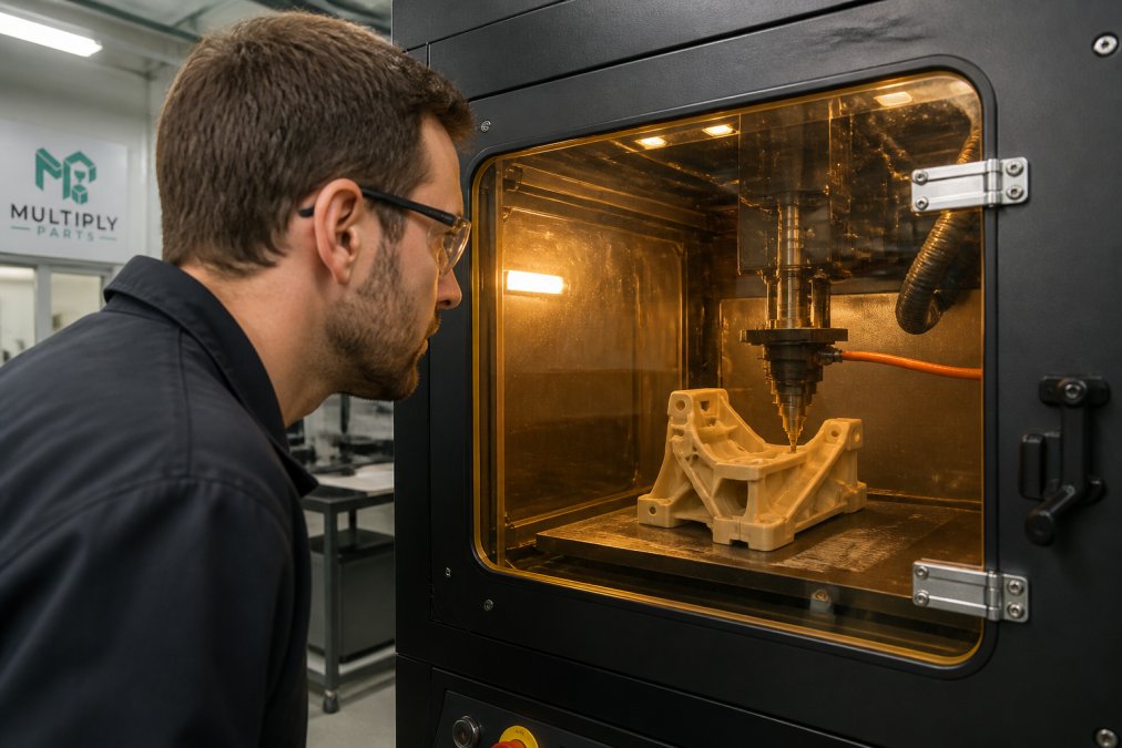 Close-up of a high-temperature industrial 3D printer producing a complex PEEK automotive bracket, technician in safety glasses monitoring the print through a heated chamber window in a clean manufacturing facility