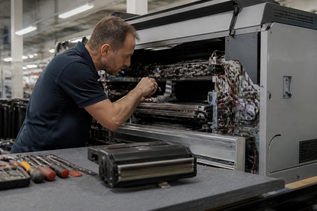 A maintenance engineer in a professional UK print facility inspecting an open industrial printer, with a spare printhead and tools on a nearby workbench under bright workshop lighting