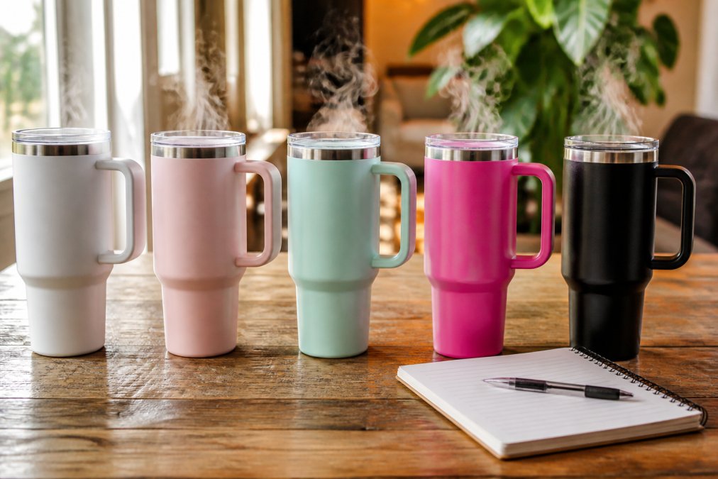 Comparison chart of five insulated reusable tumblers steaming on a wooden table to highlight heat retention features.