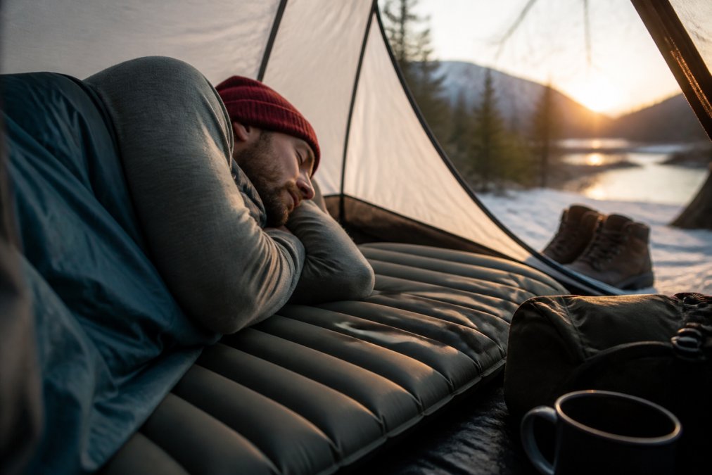 Close-up of a camper laying on an insulated sleeping pad inside a tent during early morning light, showing comfort and warmth during a cold camping trip